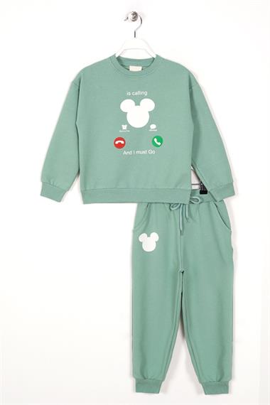 Bisiklet Yaka Uzun Kol Çağla Yeşil Renk Kız Çocuk İkili Takım