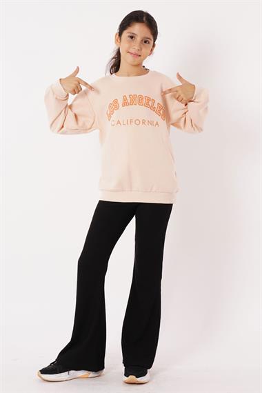 Bisiklet Yaka Uzun Kol Calıfornıa Yazı Baskılı Bej Renk Kız Çocuk Sweatshirt