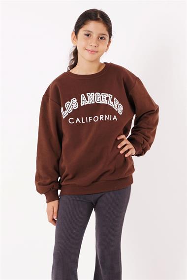 Bisiklet Yaka Uzun Kol Calıfornıa Yazı Baskılı Kahverengi Renk Kız Çocuk Sweatshirt