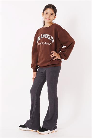 Bisiklet Yaka Uzun Kol Calıfornıa Yazı Baskılı Kahverengi Renk Kız Çocuk Sweatshirt