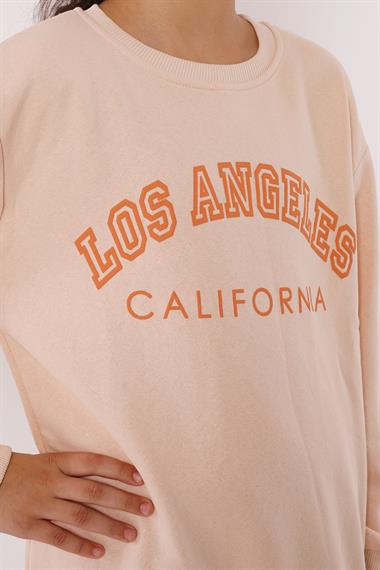 Bisiklet Yaka Uzun Kol Calıfornıa Yazı Baskılı Bej Renk Kız Çocuk Sweatshirt