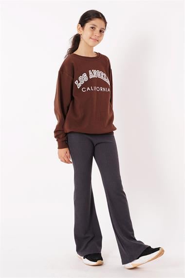 Bisiklet Yaka Uzun Kol Calıfornıa Yazı Baskılı Kahverengi Renk Kız Çocuk Sweatshirt