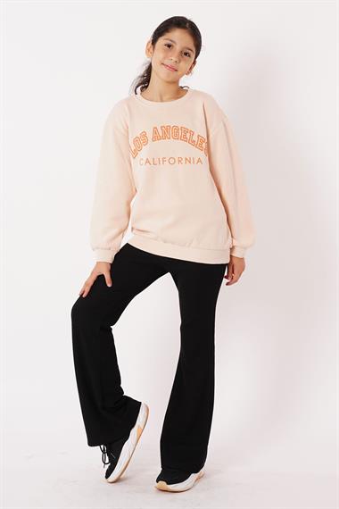 Bisiklet Yaka Uzun Kol Calıfornıa Yazı Baskılı Bej Renk Kız Çocuk Sweatshirt