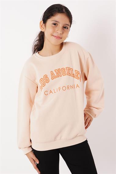 Bisiklet Yaka Uzun Kol Calıfornıa Yazı Baskılı Bej Renk Kız Çocuk Sweatshirt