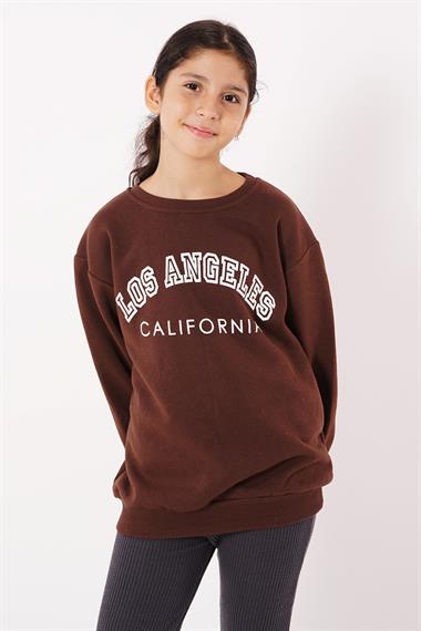 Bisiklet Yaka Uzun Kol Calıfornıa Yazı Baskılı Kahverengi Renk Kız Çocuk Sweatshirt