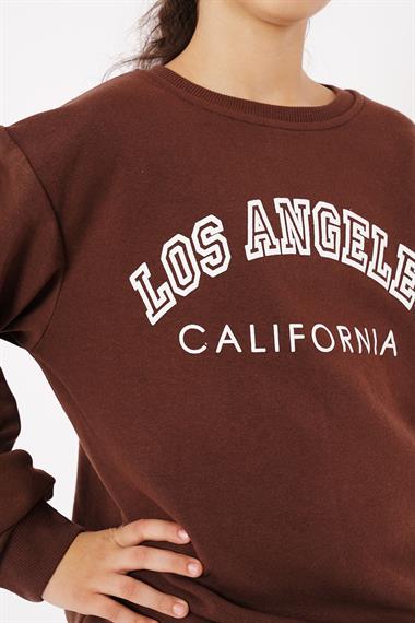 Bisiklet Yaka Uzun Kol Calıfornıa Yazı Baskılı Kahverengi Renk Kız Çocuk Sweatshirt