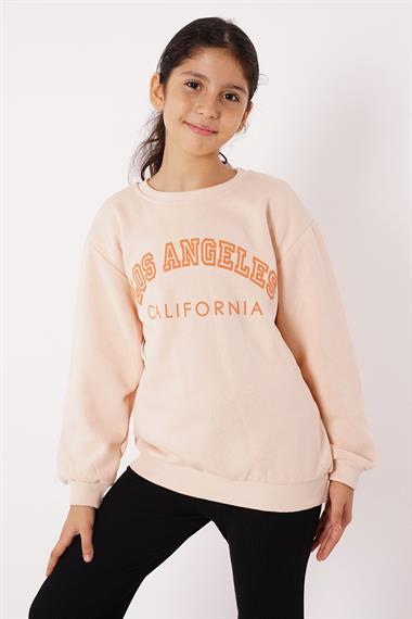 Bisiklet Yaka Uzun Kol Calıfornıa Yazı Baskılı Bej Renk Kız Çocuk Sweatshirt