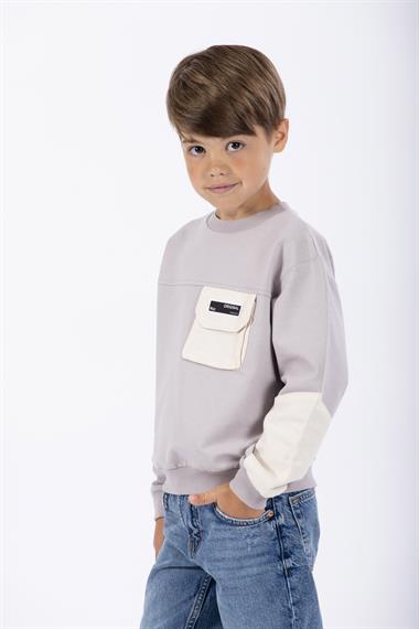 Bisiklet Yaka Uzun Kol Cep Detaylı Sweat Taş Rengi Erkek Çocuk Sweatshirt