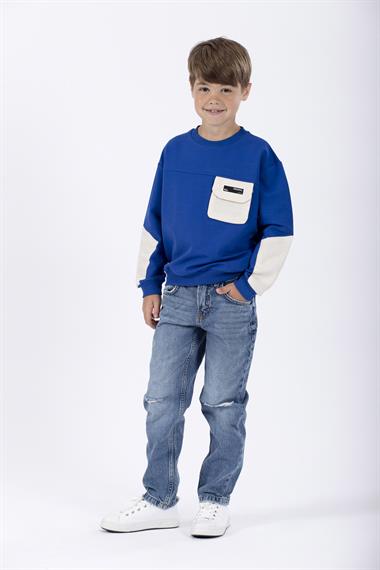 Bisiklet Yaka Uzun Kol Cep Detaylı Sweat Saks Renk Erkek Çocuk Sweatshirt