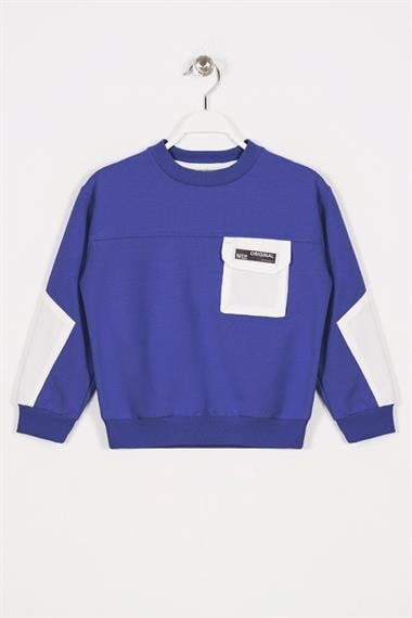 Bisiklet Yaka Uzun Kol Cep Detaylı Sweat Indigo Renk Erkek Çocuk Sweatshirt