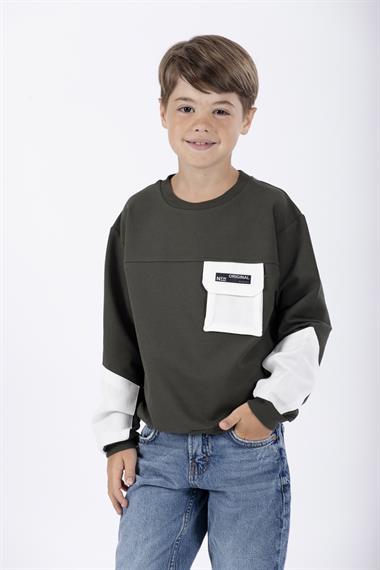 Bisiklet Yaka Uzun Kol Cep Detaylı Sweat Haki Renk Erkek Çocuk Sweatshirt