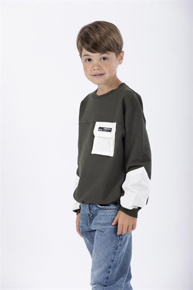 Bisiklet Yaka Uzun Kol Cep Detaylı Sweat Haki Renk Erkek Çocuk Sweatshirt