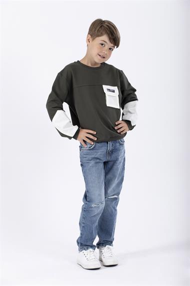 Bisiklet Yaka Uzun Kol Cep Detaylı Sweat Haki Renk Erkek Çocuk Sweatshirt
