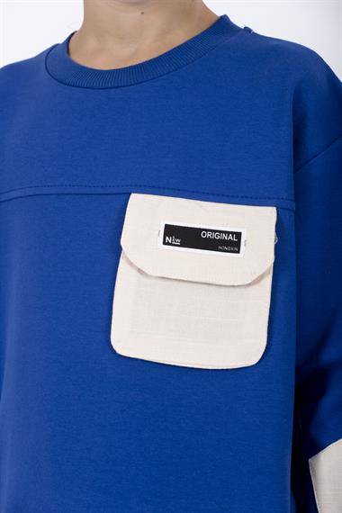 Bisiklet Yaka Uzun Kol Cep Detaylı Sweat Saks Renk Erkek Çocuk Sweatshirt