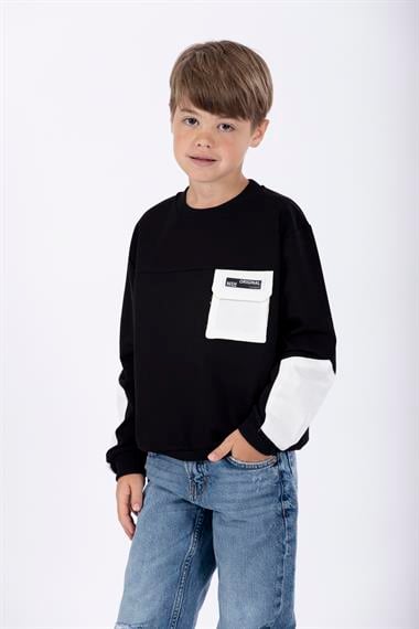 Bisiklet Yaka Uzun Kol Cep Detaylı Sweat Siyah Renk Erkek Çocuk Sweatshirt