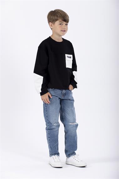Bisiklet Yaka Uzun Kol Cep Detaylı Sweat Siyah Renk Erkek Çocuk Sweatshirt