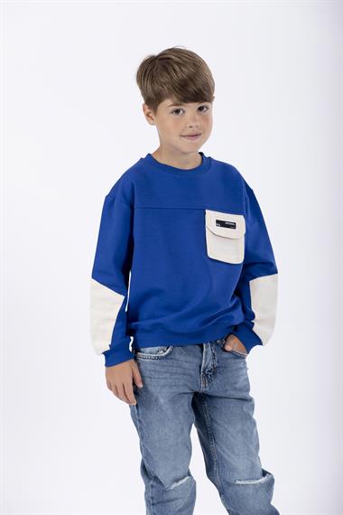Bisiklet Yaka Uzun Kol Cep Detaylı Sweat Saks Renk Erkek Çocuk Sweatshirt