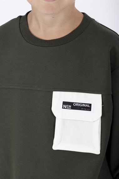 Bisiklet Yaka Uzun Kol Cep Detaylı Sweat Haki Renk Erkek Çocuk Sweatshirt