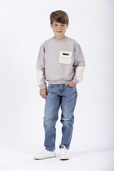 Bisiklet Yaka Uzun Kol Cep Detaylı Sweat Taş Rengi Erkek Çocuk Sweatshirt