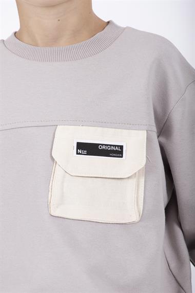 Bisiklet Yaka Uzun Kol Cep Detaylı Sweat Taş Rengi Erkek Çocuk Sweatshirt