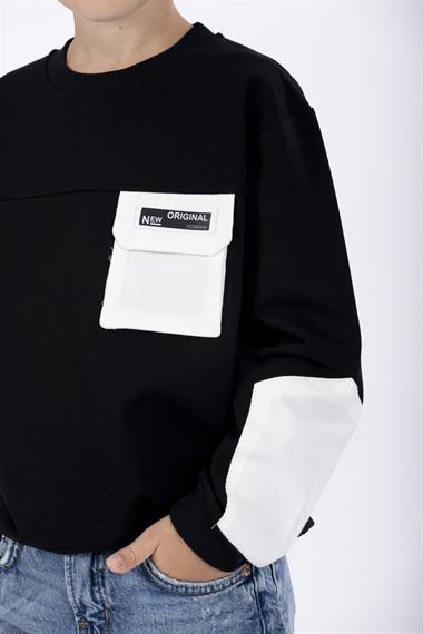 Bisiklet Yaka Uzun Kol Cep Detaylı Sweat Siyah Renk Erkek Çocuk Sweatshirt