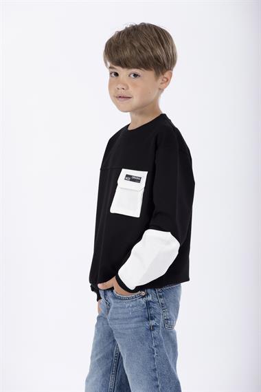 Bisiklet Yaka Uzun Kol Cep Detaylı Sweat Siyah Renk Erkek Çocuk Sweatshirt