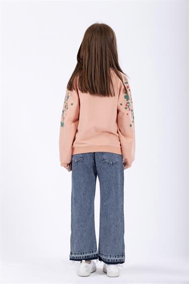 Bisiklet Yaka Uzun Kol Çiçek Baskılı Somon Renk Kız Çocuk Sweatshirt