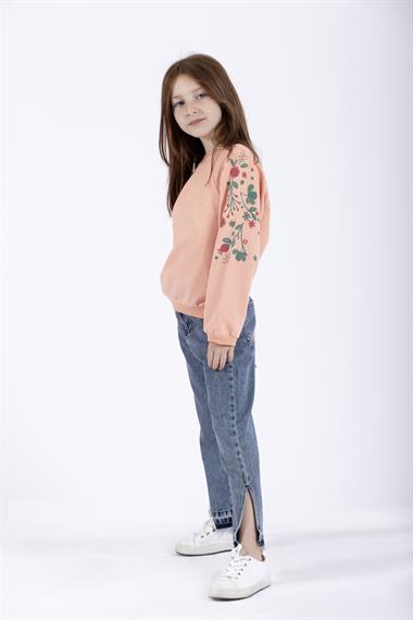Bisiklet Yaka Uzun Kol Çiçek Baskılı Somon Renk Kız Çocuk Sweatshirt