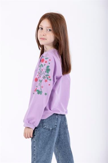 Bisiklet Yaka Uzun Kol Çiçek Baskılı Lila Renk Kız Çocuk Sweatshirt