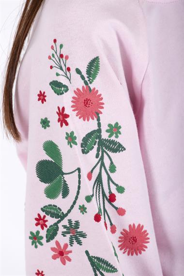 Bisiklet Yaka Uzun Kol Çiçek Baskılı Pudra Renk Kız Çocuk Sweatshirt