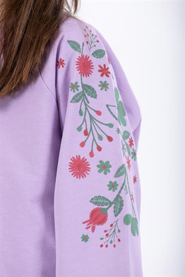 Bisiklet Yaka Uzun Kol Çiçek Baskılı Lila Renk Kız Çocuk Sweatshirt