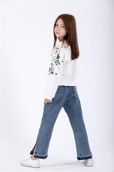 Bisiklet Yaka Uzun Kol Çiçek Baskılı Ekru Renk Kız Çocuk Sweatshirt