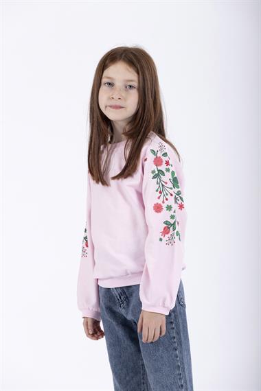 Bisiklet Yaka Uzun Kol Çiçek Baskılı Pudra Renk Kız Çocuk Sweatshirt