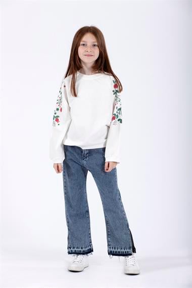 Bisiklet Yaka Uzun Kol Çiçek Baskılı Ekru Renk Kız Çocuk Sweatshirt