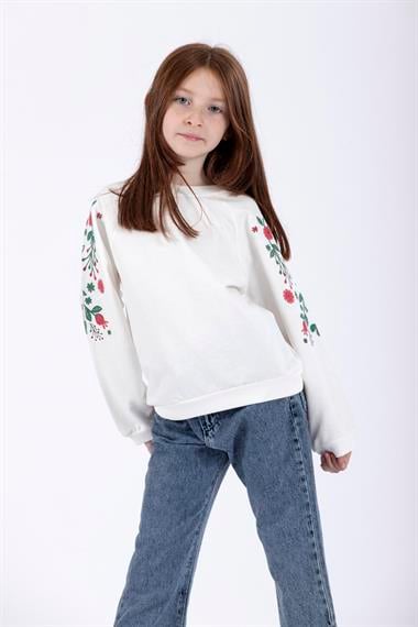 Bisiklet Yaka Uzun Kol Çiçek Baskılı Ekru Renk Kız Çocuk Sweatshirt