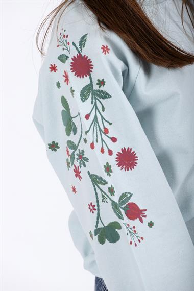 Bisiklet Yaka Uzun Kol Çiçek Baskılı Mint Renk Kız Çocuk Sweatshirt