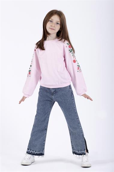 Bisiklet Yaka Uzun Kol Çiçek Baskılı Pudra Renk Kız Çocuk Sweatshirt