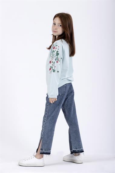 Bisiklet Yaka Uzun Kol Çiçek Baskılı Mint Renk Kız Çocuk Sweatshirt