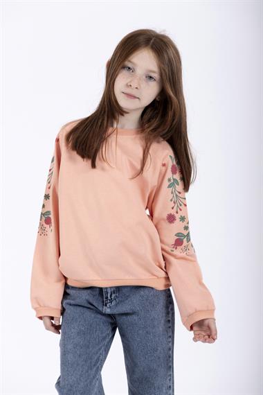 Bisiklet Yaka Uzun Kol Çiçek Baskılı Somon Renk Kız Çocuk Sweatshirt