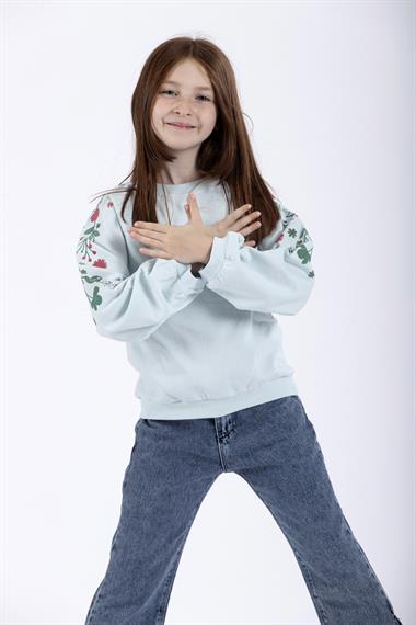 Bisiklet Yaka Uzun Kol Çiçek Baskılı Mint Renk Kız Çocuk Sweatshirt