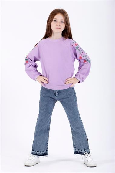 Bisiklet Yaka Uzun Kol Çiçek Baskılı Lila Renk Kız Çocuk Sweatshirt