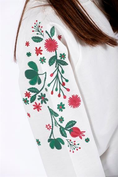 Bisiklet Yaka Uzun Kol Çiçek Baskılı Ekru Renk Kız Çocuk Sweatshirt