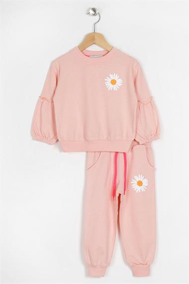 Bisiklet Yaka Uzun Kol Çiçek Desenli Pudra Renk Kız Çocuk Eşofman Takım