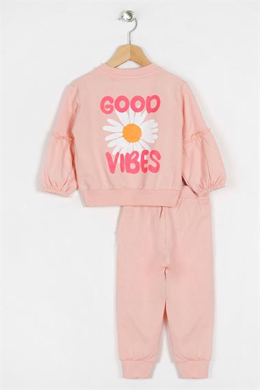 Bisiklet Yaka Uzun Kol Çiçek Desenli Pudra Renk Kız Çocuk Eşofman Takım