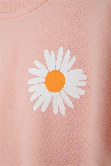 Bisiklet Yaka Uzun Kol Çiçek Desenli Pudra Renk Kız Çocuk Eşofman Takım