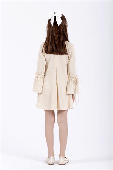 Bisiklet Yaka Uzun Kol Ekru Renk Kız Çocuk Elbıse