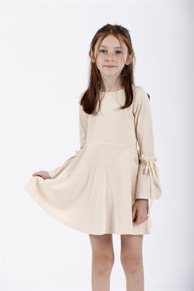 Bisiklet Yaka Uzun Kol Ekru Renk Kız Çocuk Elbıse