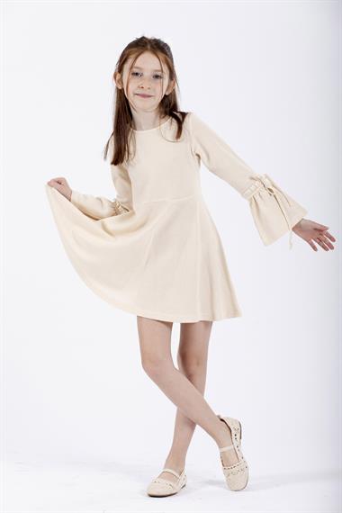 Bisiklet Yaka Uzun Kol Ekru Renk Kız Çocuk Elbıse