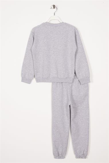  Bisiklet Yaka Uzun Kol Fırfır Detaylı Gri Renk Kız Çocuk İkili Takım