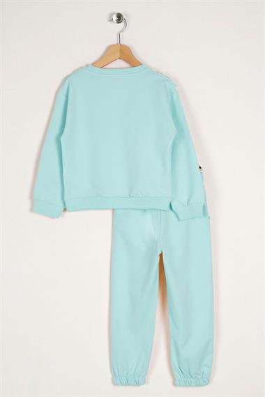  Bisiklet Yaka Uzun Kol Fırfır Detaylı Mint Renk Kız Çocuk İkili Takım